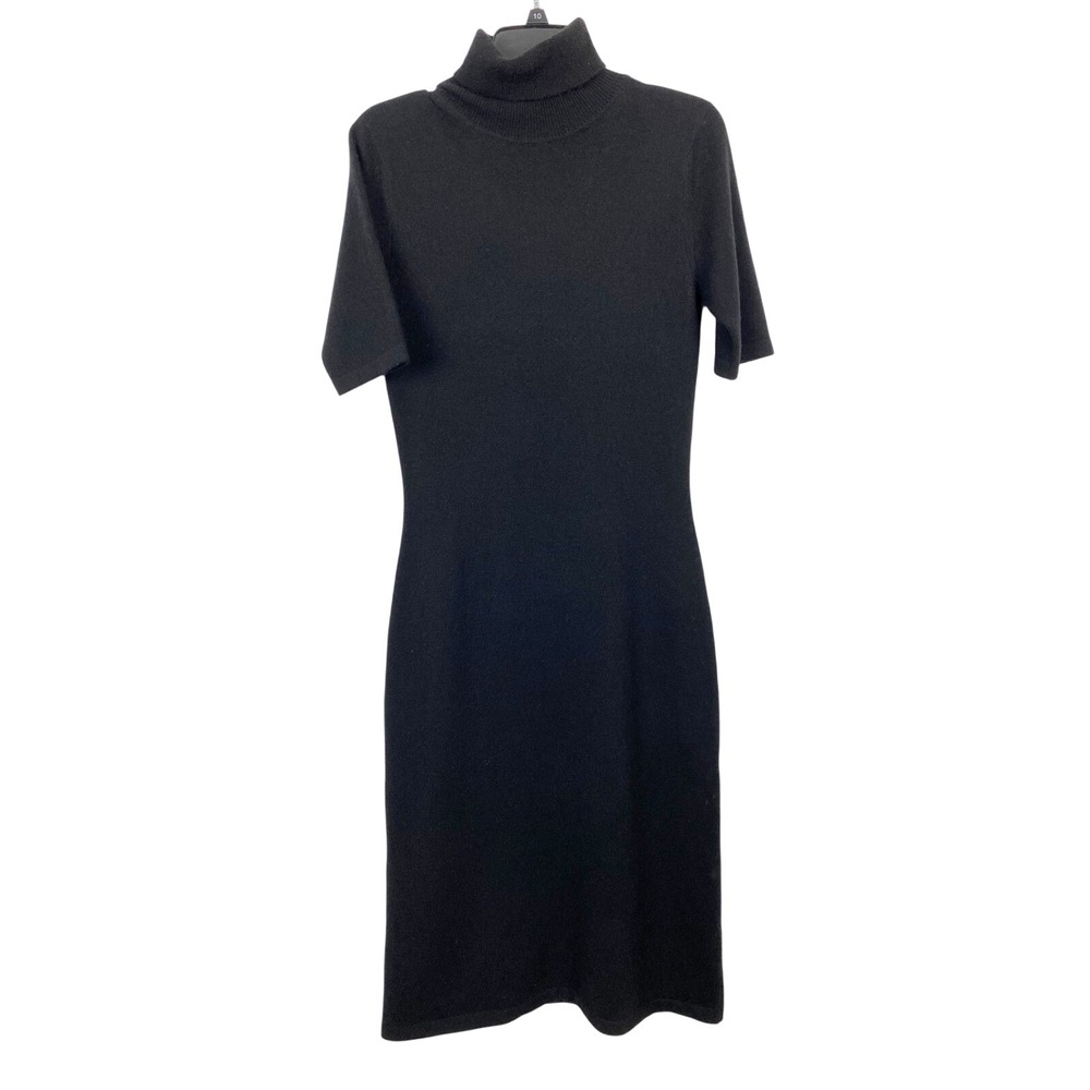 Yansi Fugel Cashmere Turtleneck Short Sleeve Midi Sweater Dress Womens S‎ Black